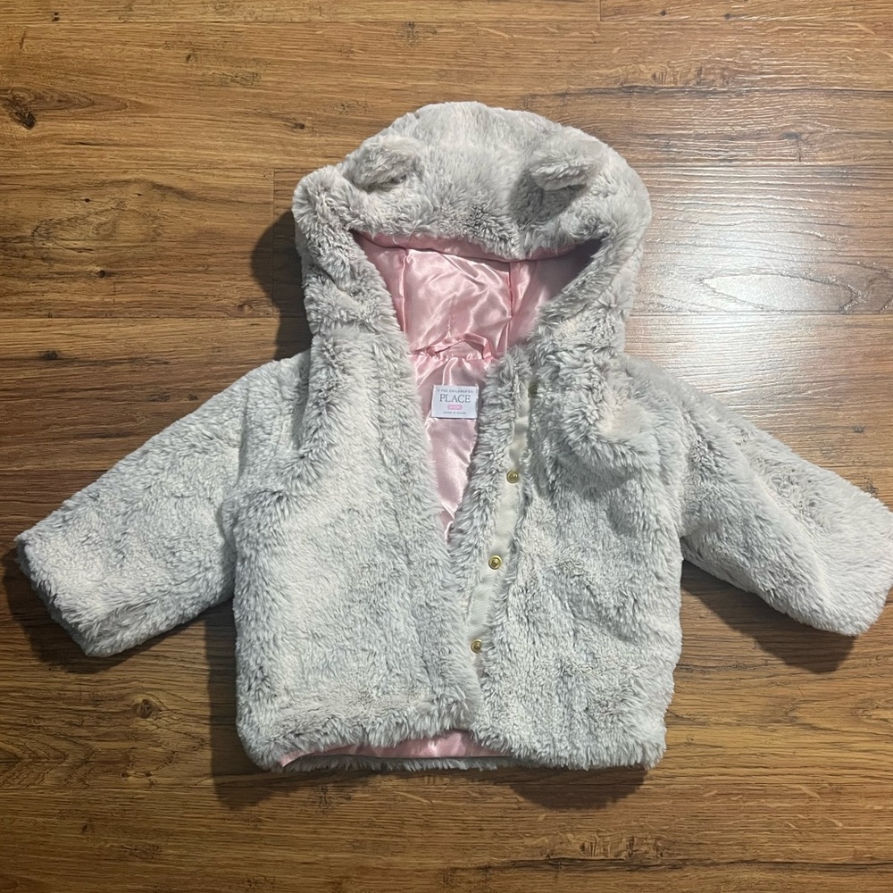 Light Grey faux fur Children’s Place Sweater with pink lining 9-12mo